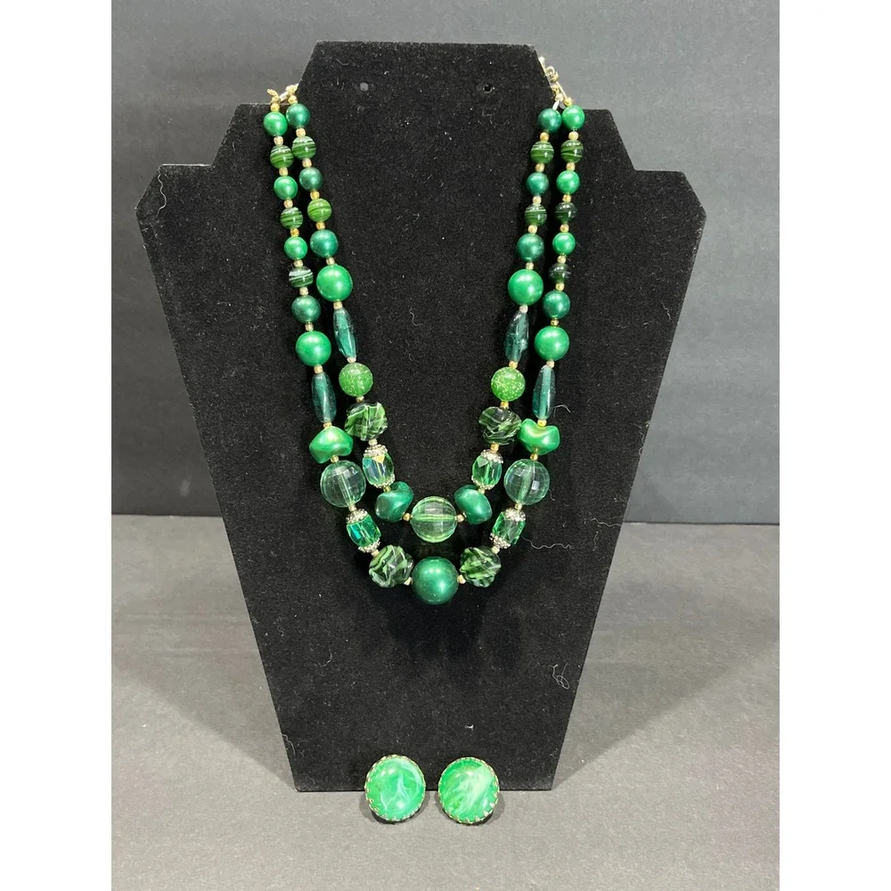 Vintage Green Art Glass Bead Double Strand Necklace & Clip On Earrings Set